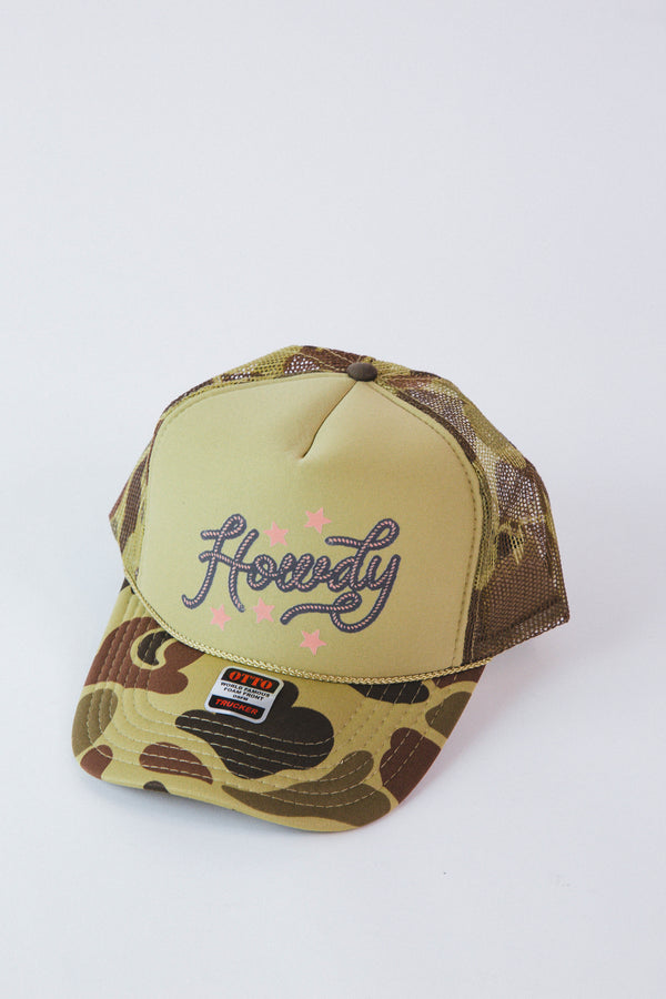 Howdy Western Trucker Hat, Olive/Camo