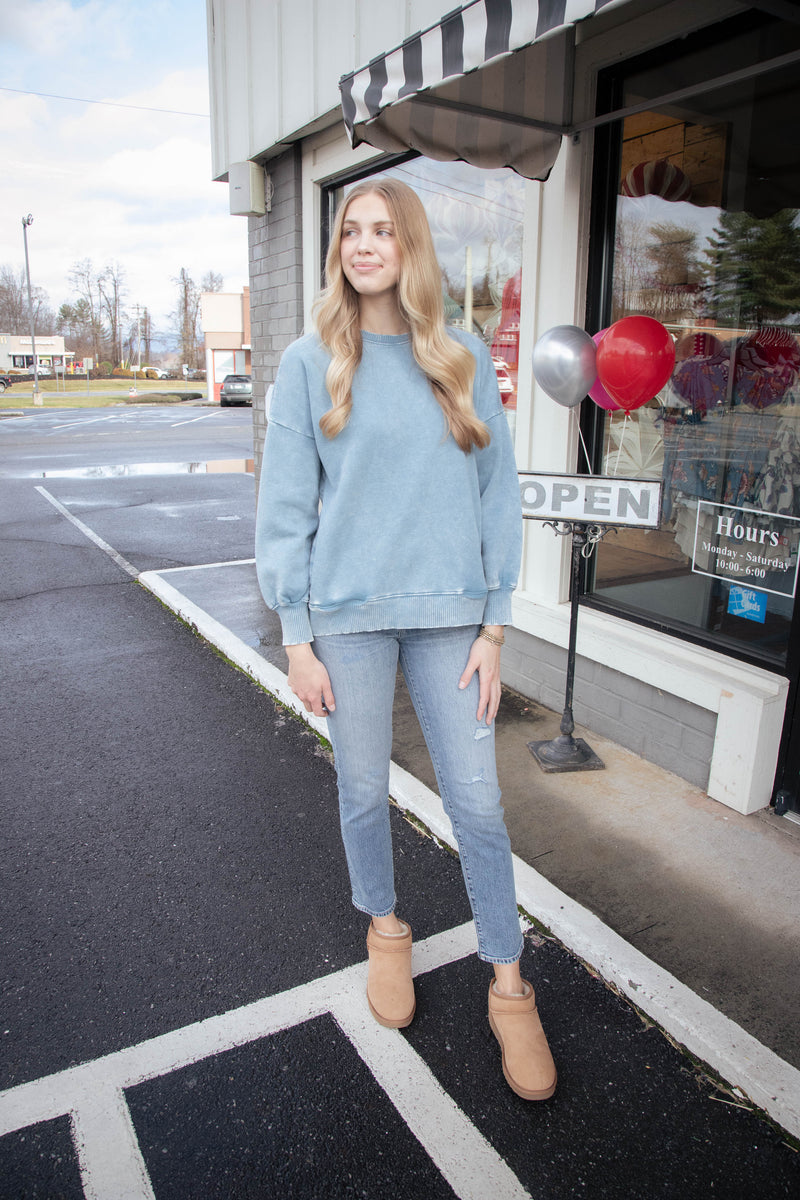 Lia Acid Washed Fleece Pullover, Blue Grey