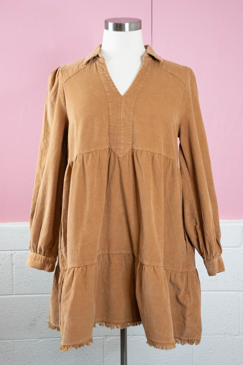 Leslie Corduroy Tiered Dress, Camel | Plus Size