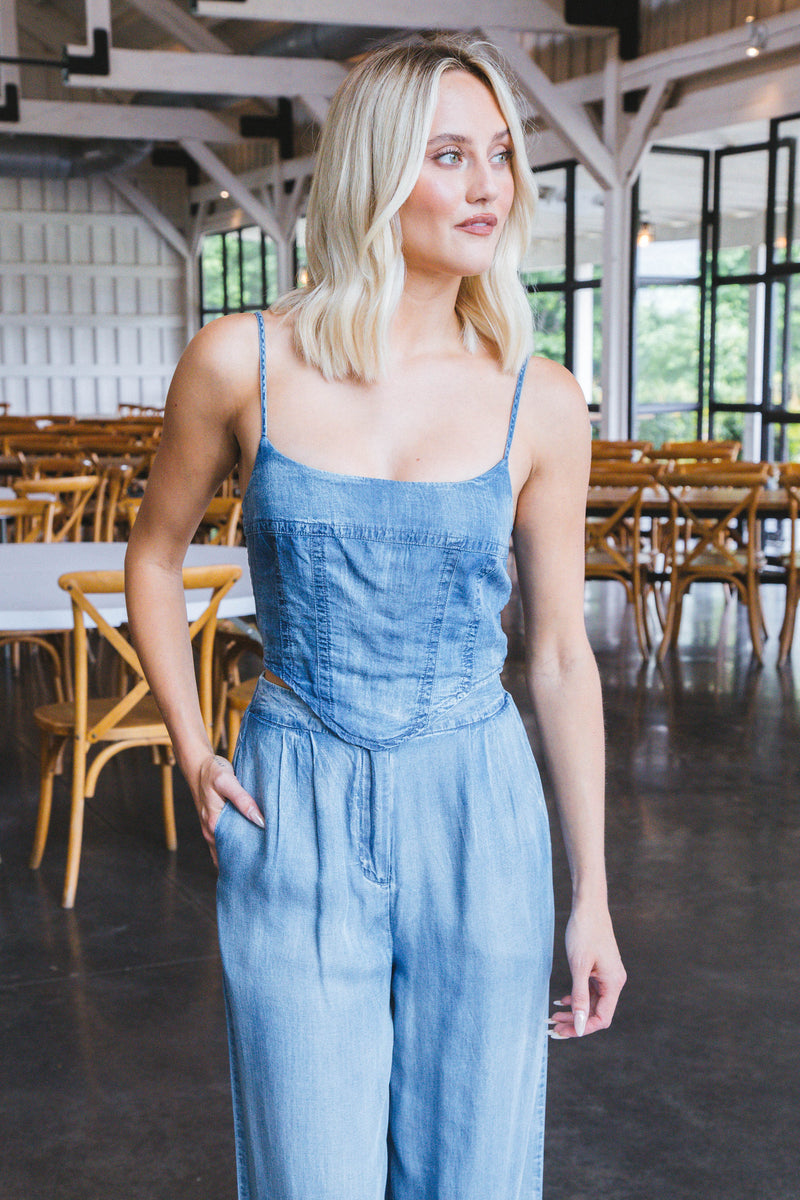 Allison Sleeveless Corset Crop Top, Chambray