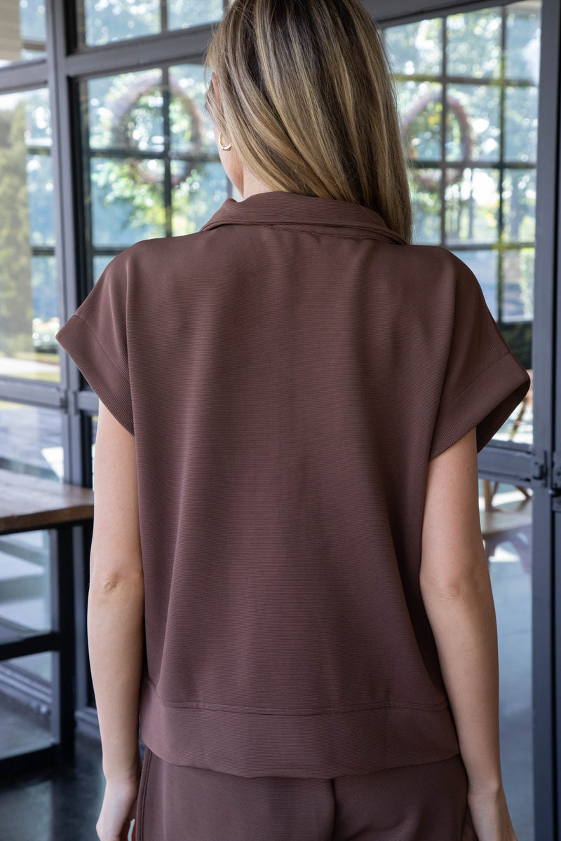 Yara Half Zip Ribbed Top, Espresso