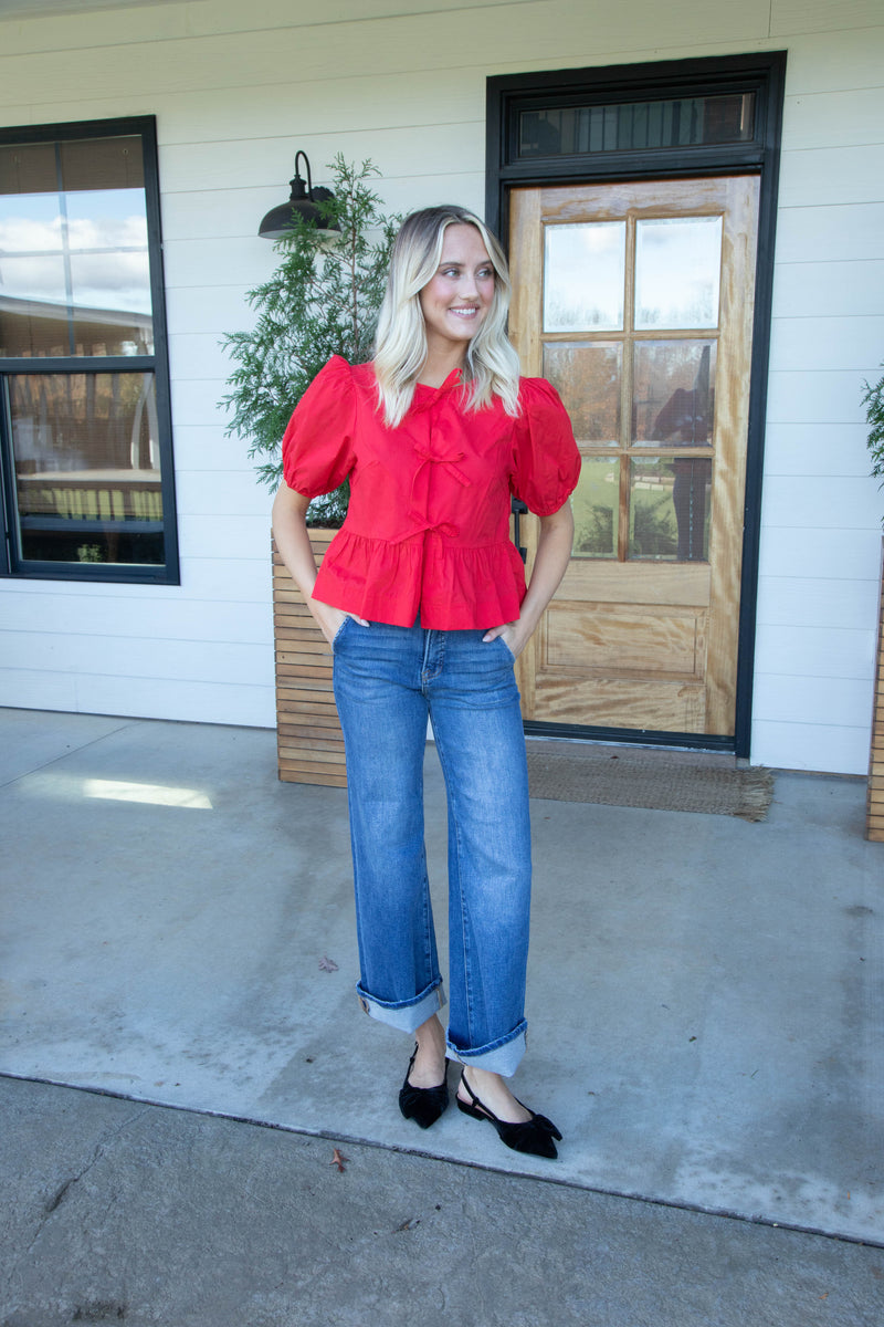 Sofi Front Bow Detail Blouse, Red