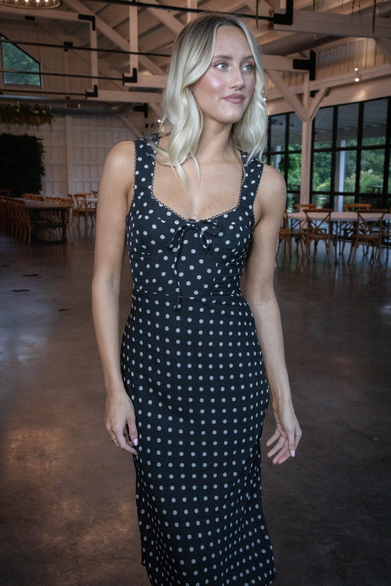 Cami Bustier Midi Dress, Black/Cream Dot