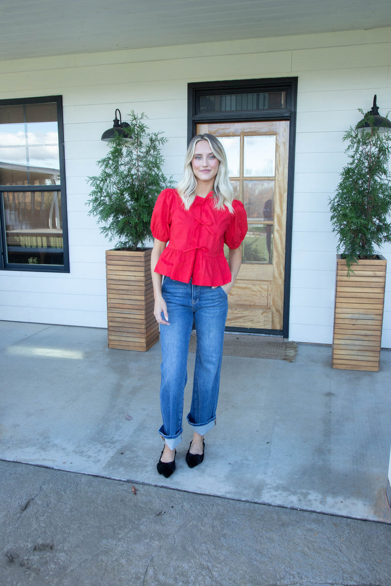 Sofi Front Bow Detail Blouse, Red