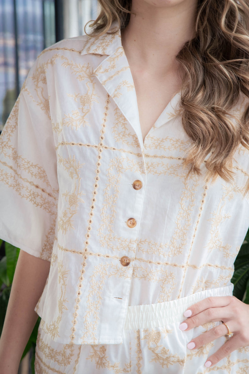 Quinn Embroidered Button Down Shirt, Taupe