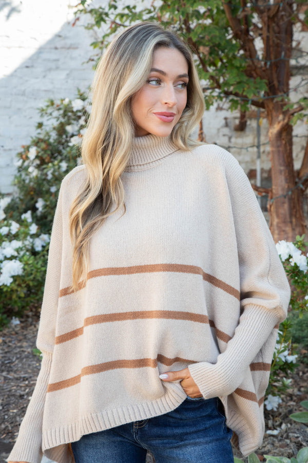 Anabel Striped Turtle Neck Sweater, Light Taupe