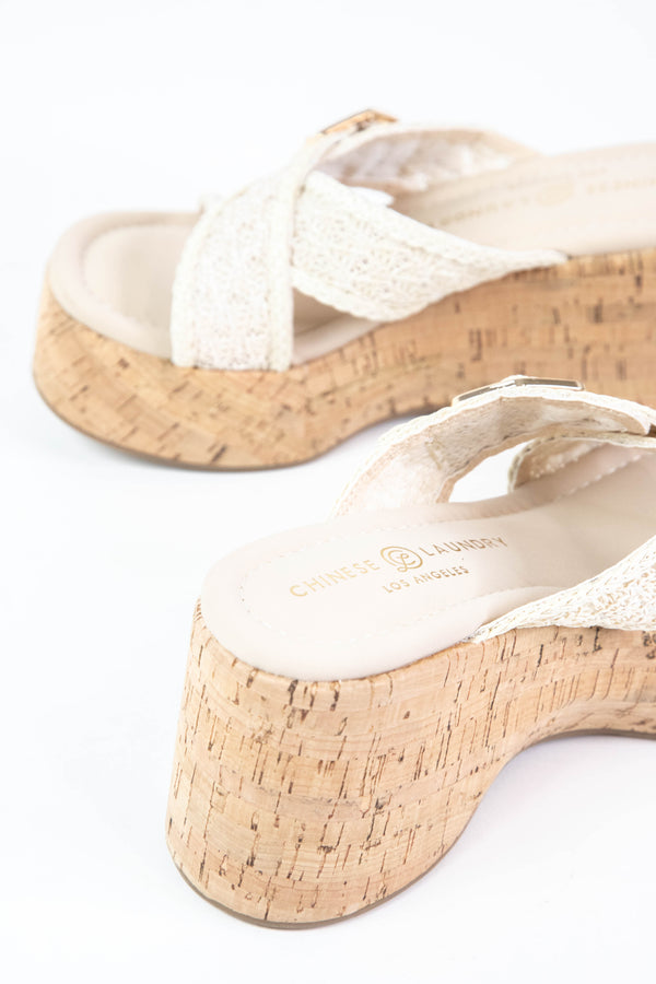 Loulou Cork Wedge Woven Sandal, Cream | Chinese Laundry