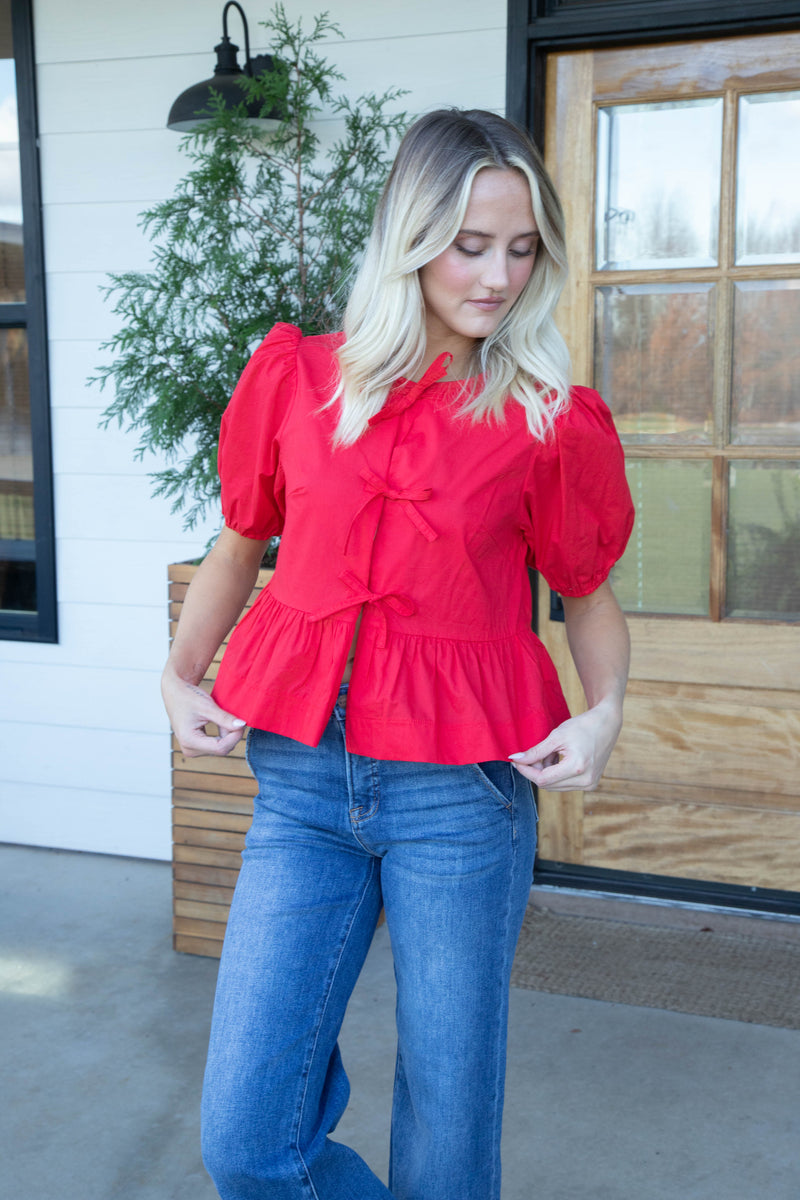 Sofi Front Bow Detail Blouse, Red