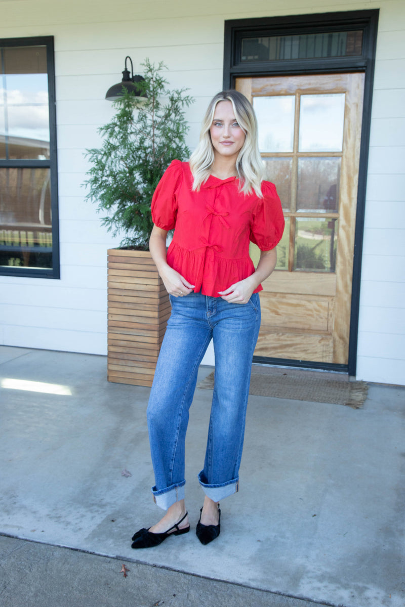 Sofi Front Bow Detail Blouse, Red