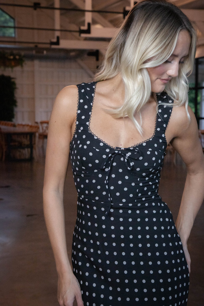 Cami Bustier Midi Dress, Black/Cream Dot