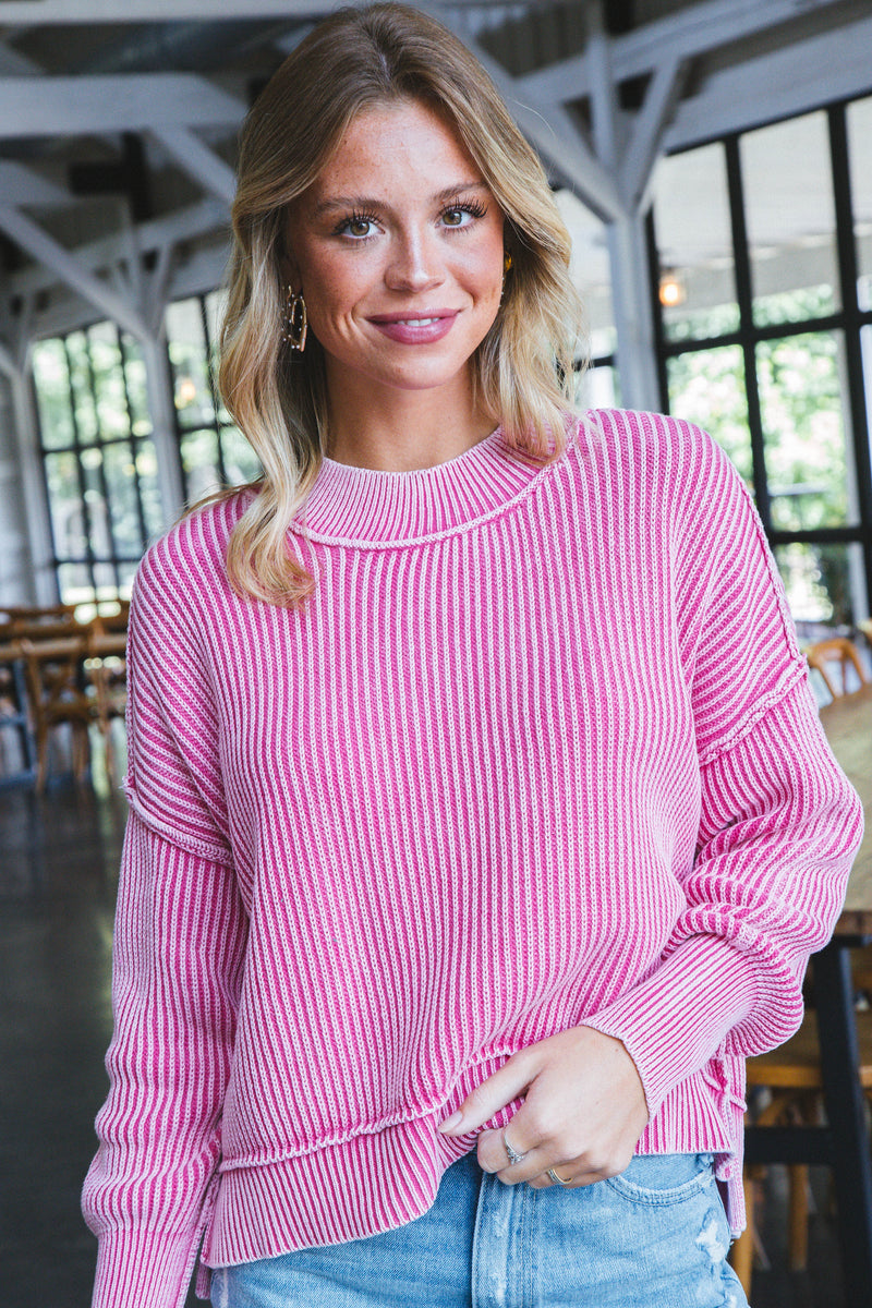 Marie Washed Crop Sweater, Fuchsia