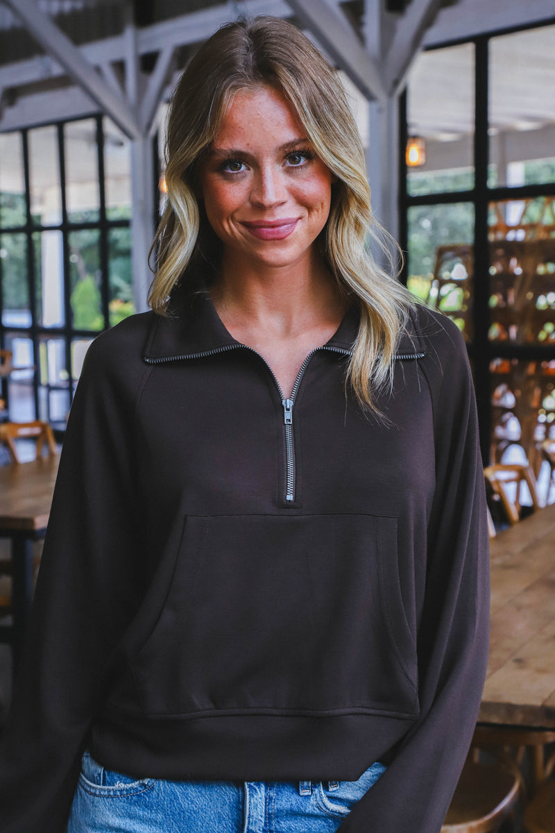 Belle Quarter Zip Sweatshirt, Chocolate Brown