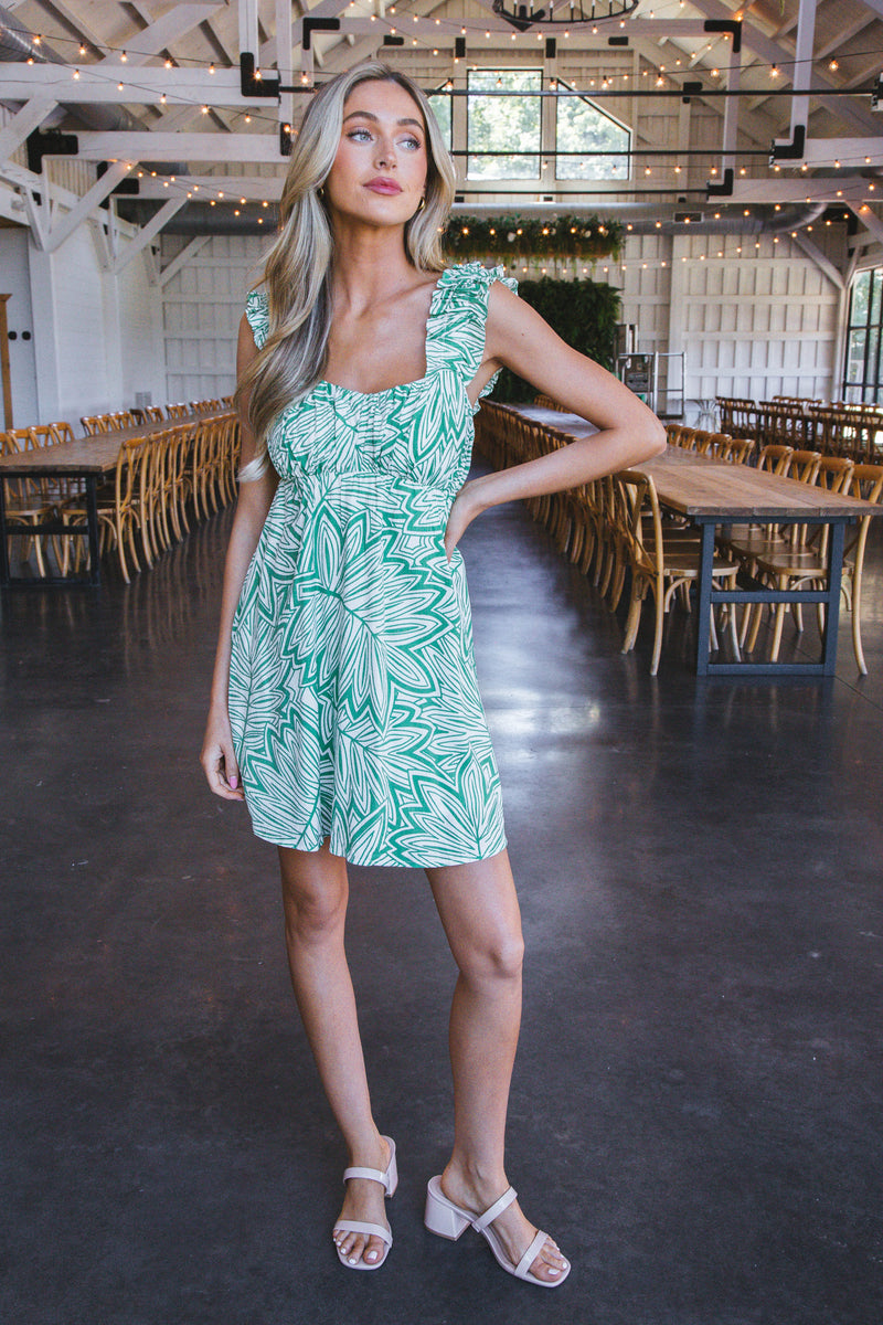 Raelynn Leaf Print Mini Dress, Green