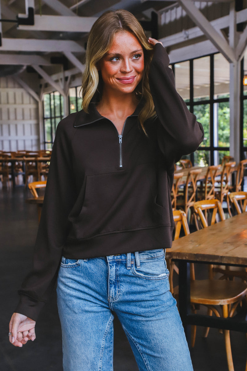 Belle Quarter Zip Sweatshirt, Chocolate Brown