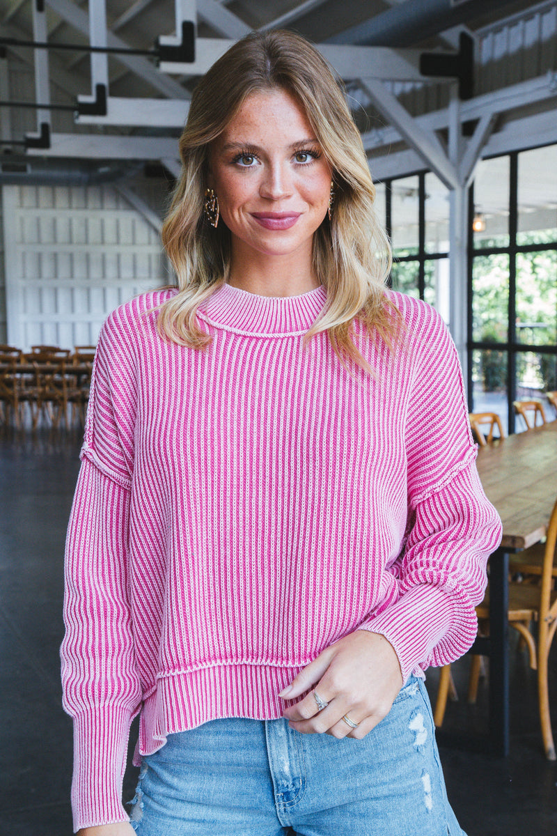 Marie Washed Crop Sweater, Fuchsia