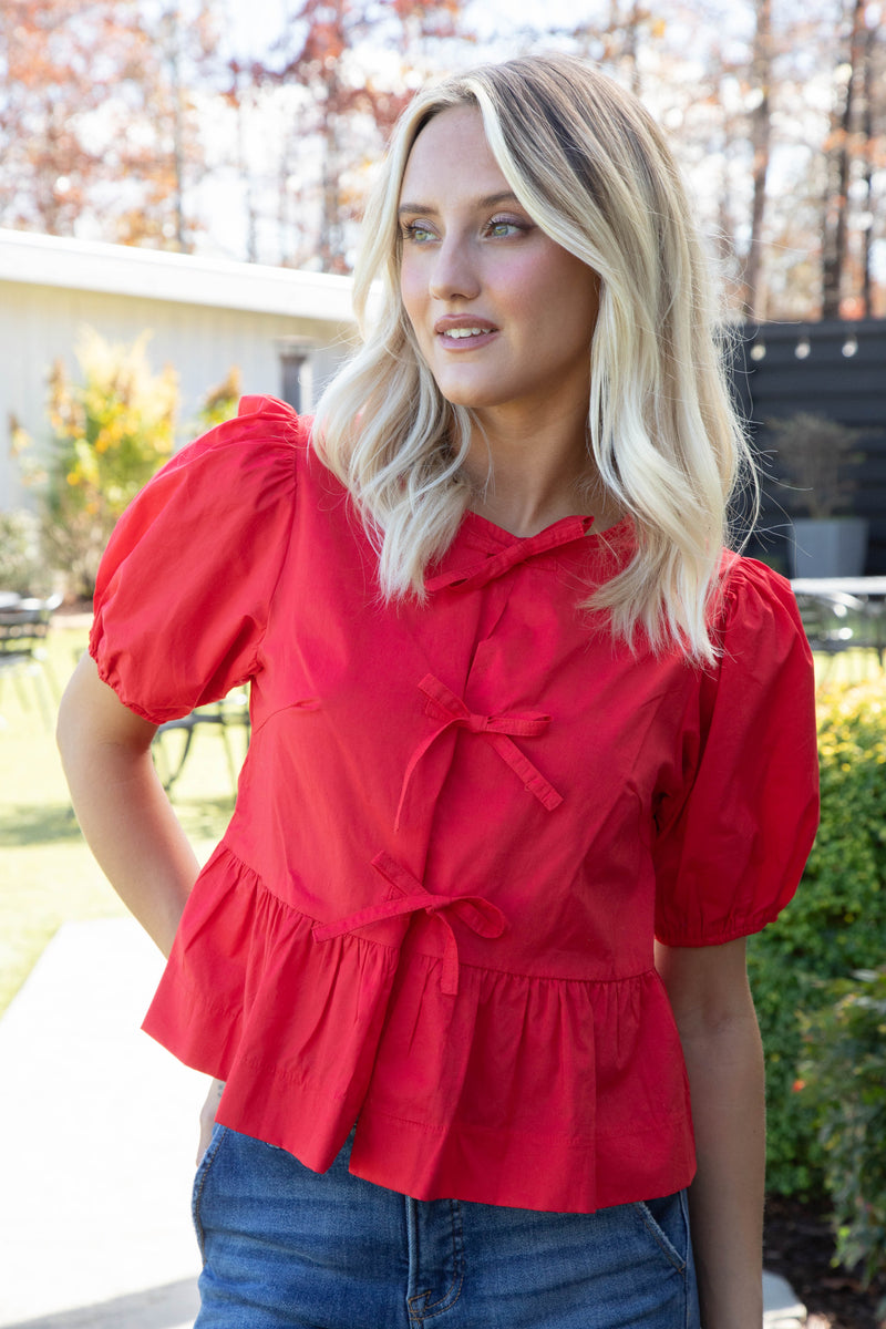 Sofi Front Bow Detail Blouse, Red