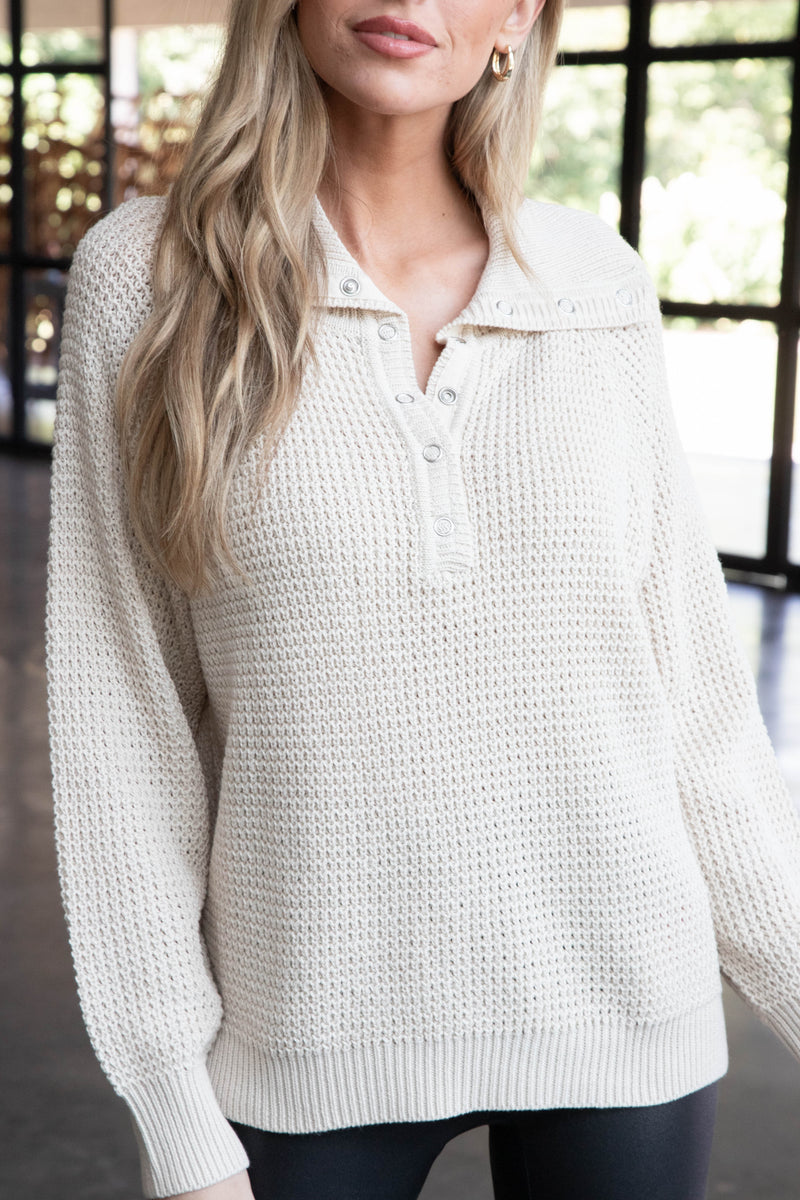 Calliope Turtle Neck Snap Sweater, White Beach | RD Style