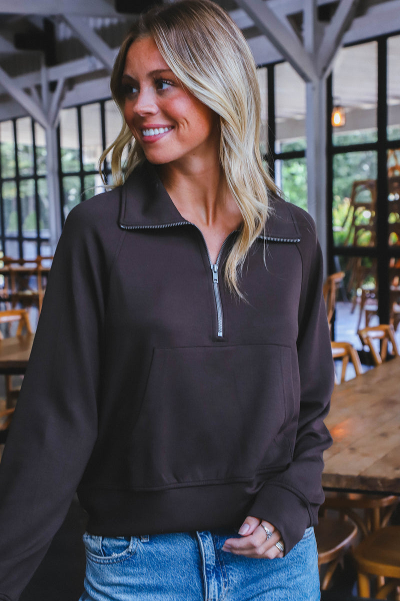 Belle Quarter Zip Sweatshirt, Chocolate Brown