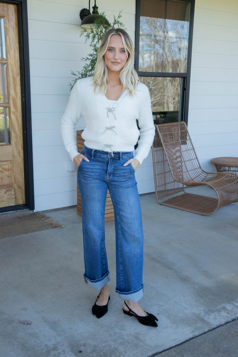 Porcelain Rhinestone Bow Cardigan, Ivory | Sadie & Sage