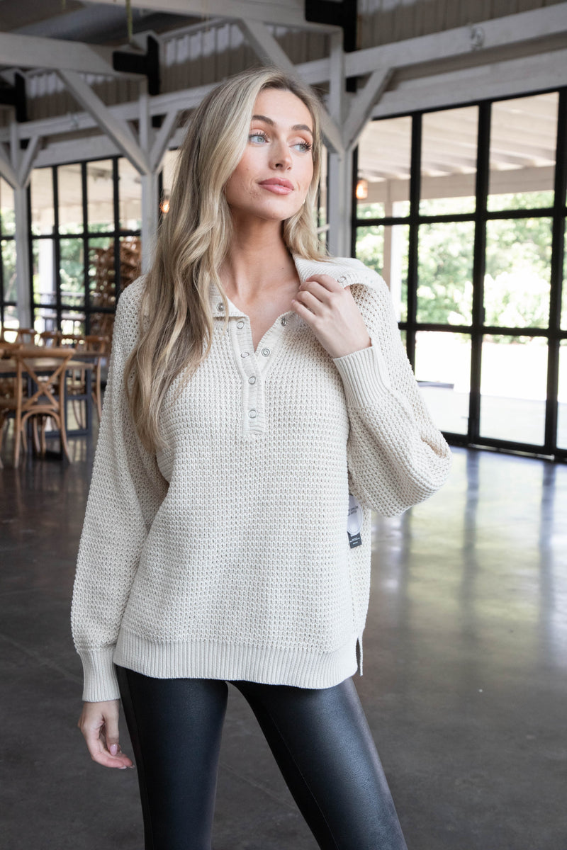 Calliope Turtle Neck Snap Sweater, White Beach | RD Style