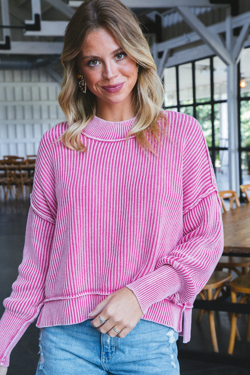 Marie Washed Crop Sweater, Fuchsia