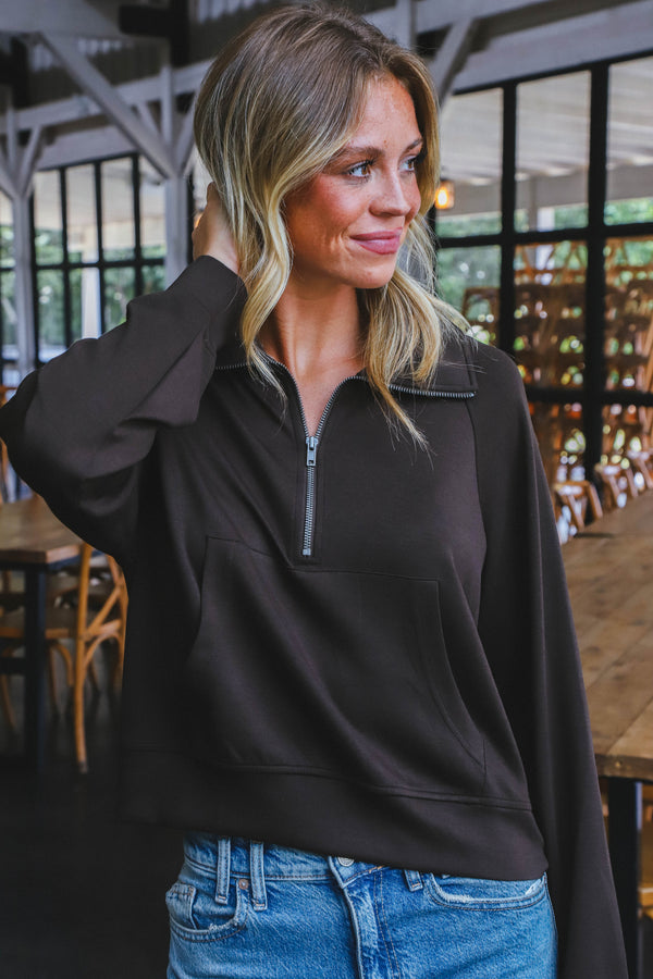 Belle Quarter Zip Sweatshirt, Chocolate Brown