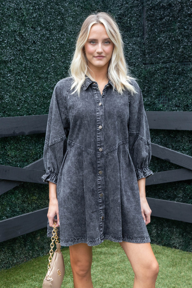 Jess Button Down Denim Dress, Washed Black