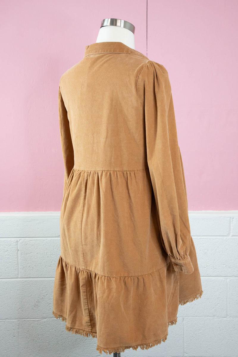 Leslie Corduroy Tiered Dress, Camel | Plus Size