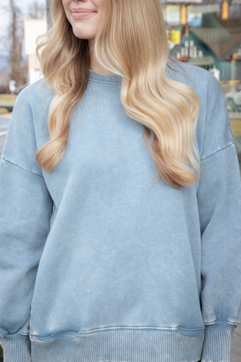 Lia Acid Washed Fleece Pullover, Blue Grey