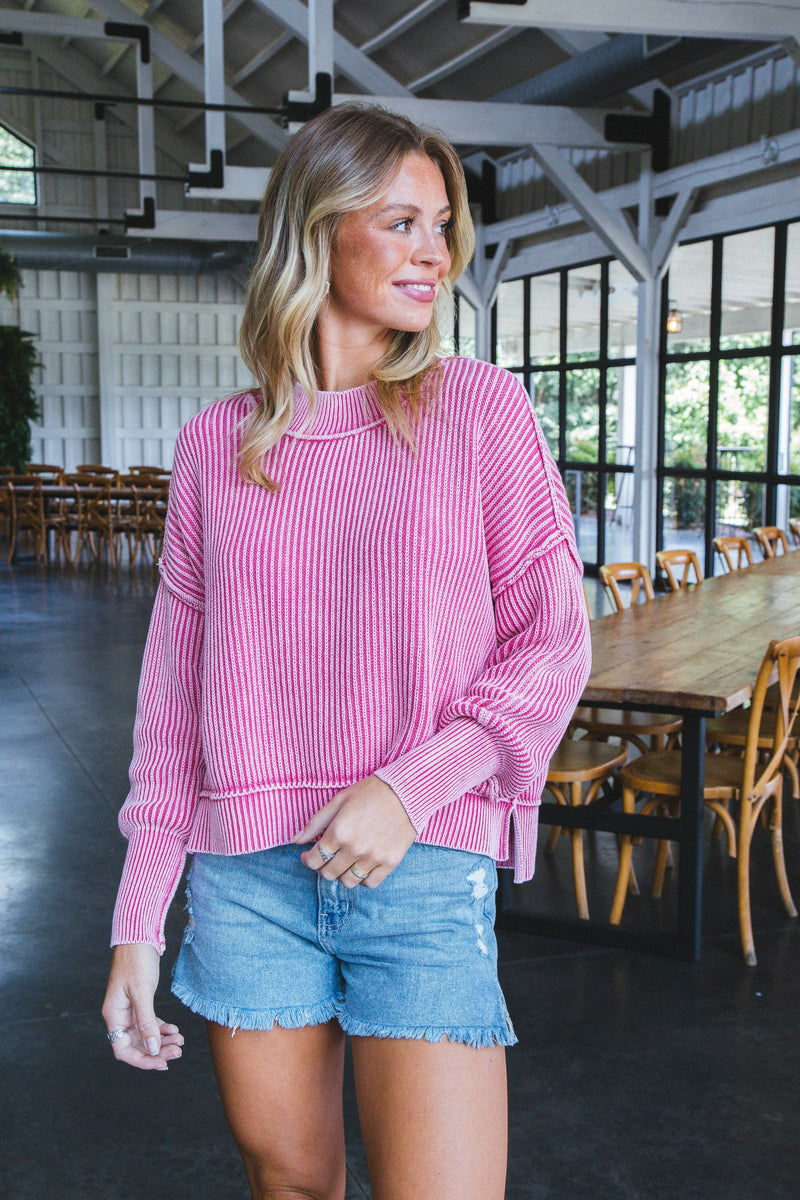 Marie Washed Crop Sweater, Fuchsia