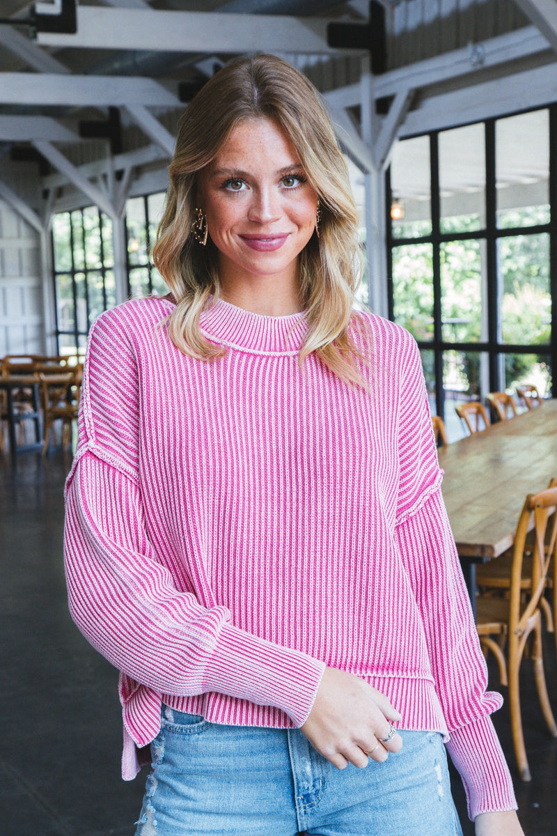 Marie Washed Crop Sweater, Fuchsia