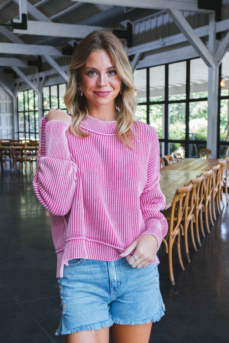 Marie Washed Crop Sweater, Fuchsia