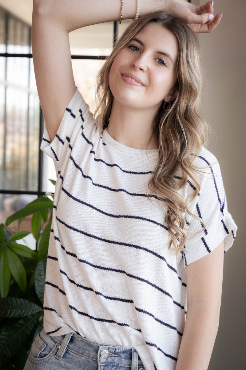 Vienna Striped Knit Top, Ivory