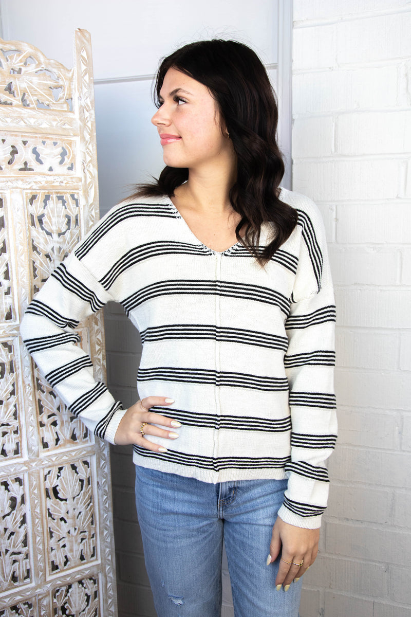 Easy V-Neck Sweater, Light Oak/Black Stripe | Sanctuary