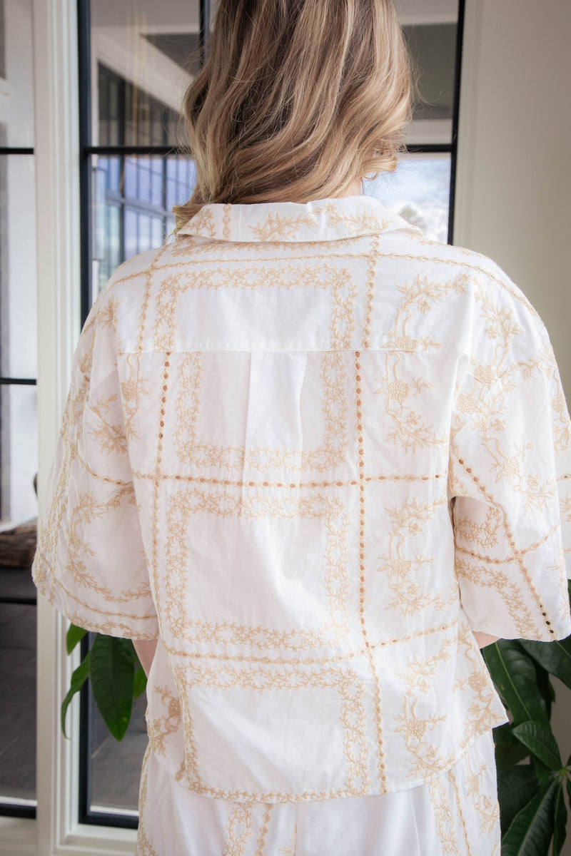 Quinn Embroidered Button Down Shirt, Taupe