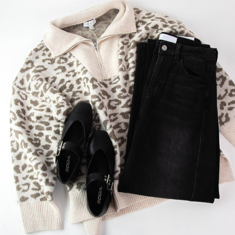 Ania Half Zip Leopard Sweater, Oatmeal