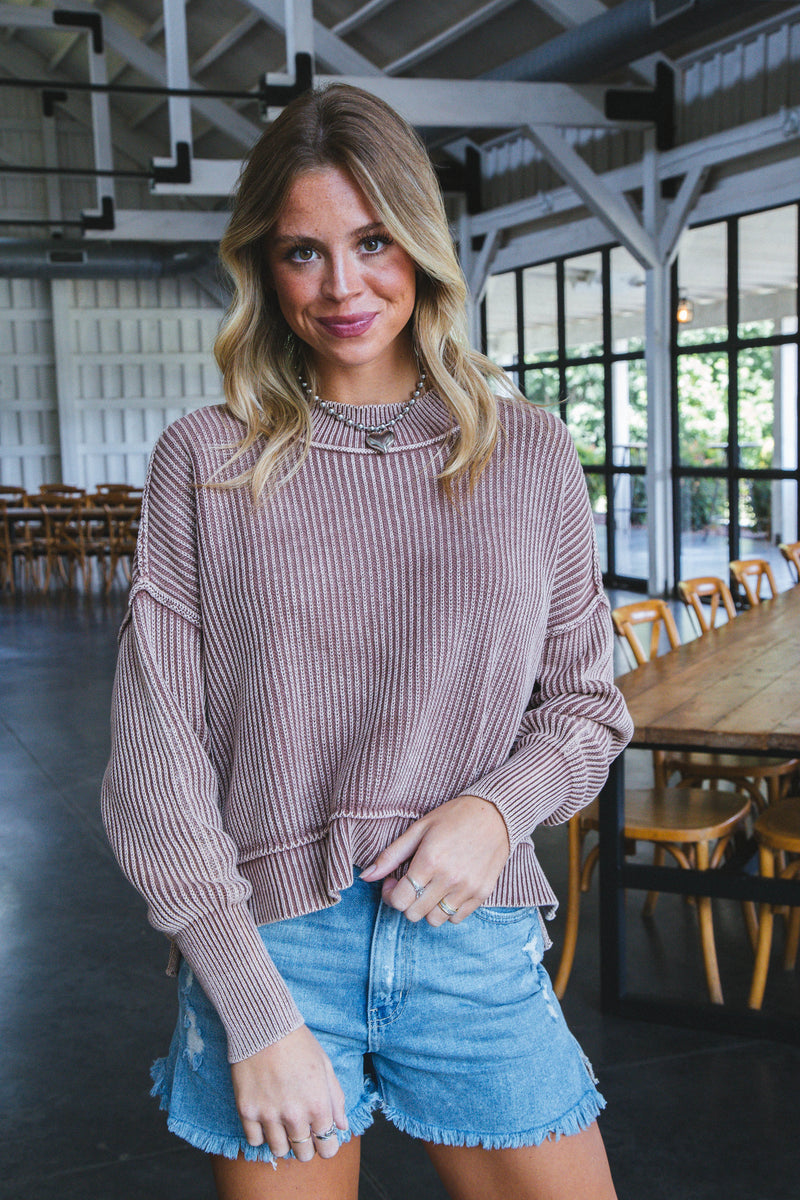 Marie Washed Crop Sweater, Dark Camel