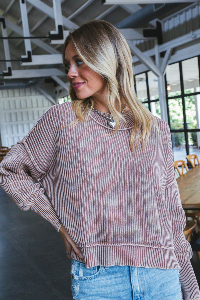 Marie Washed Crop Sweater, Dark Camel