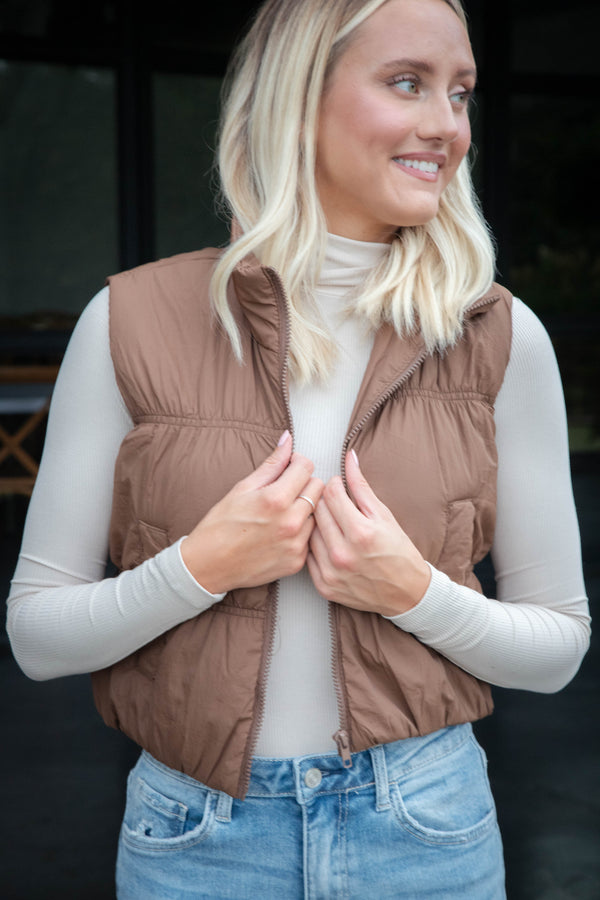 Martha Zip Up Cropped Puffer Vest, Brown