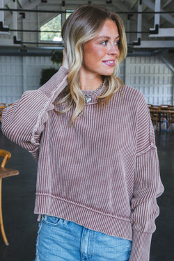 Marie Washed Crop Sweater, Dark Camel