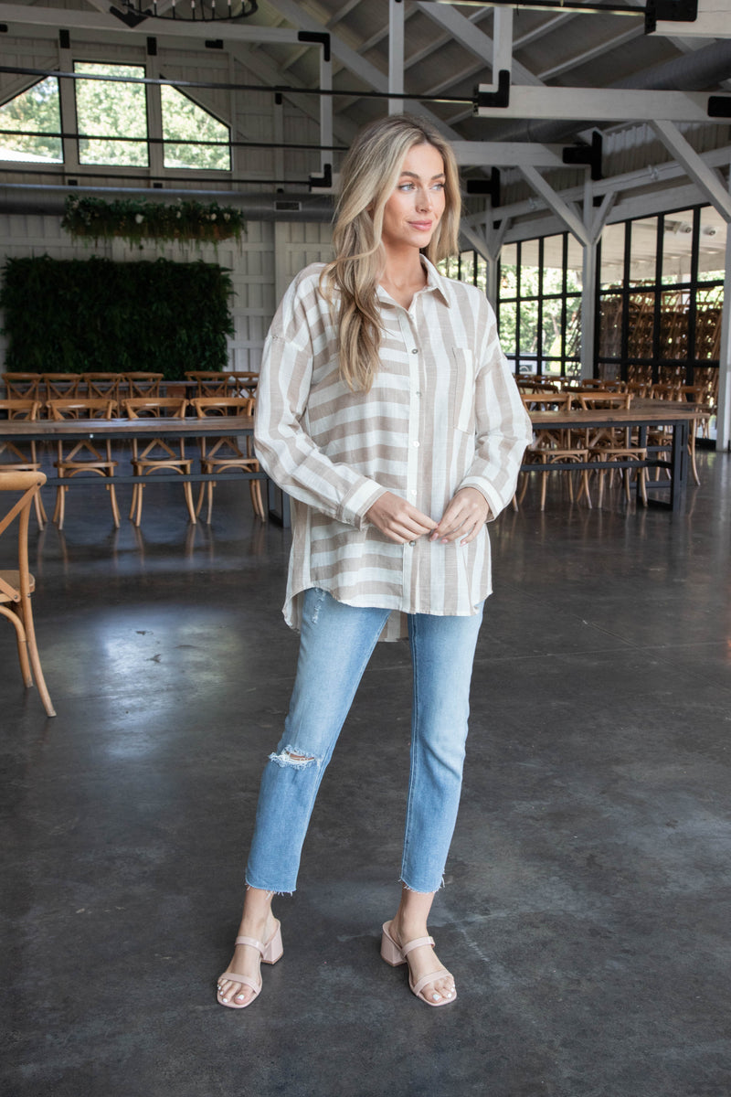 Frances Oversized Striped Shirt, Taupe