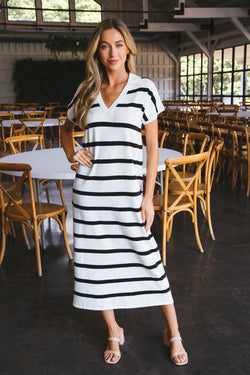 Alivia Striped V-Neck Maxi Dress, Off White/Black