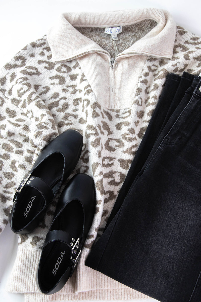 Ania Half Zip Leopard Sweater, Oatmeal