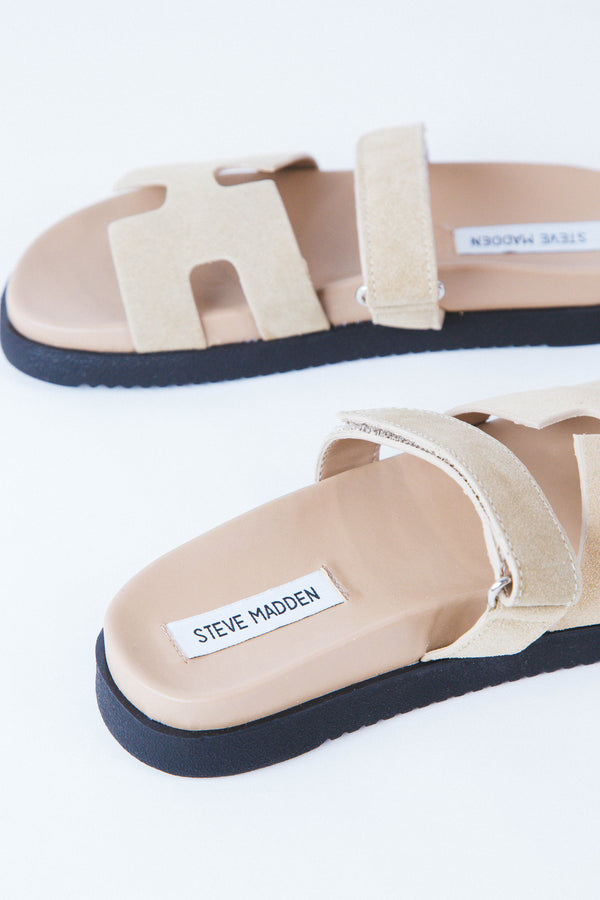 Mayven Velcro Strap Sandals, Taupe Suede | Steve Madden