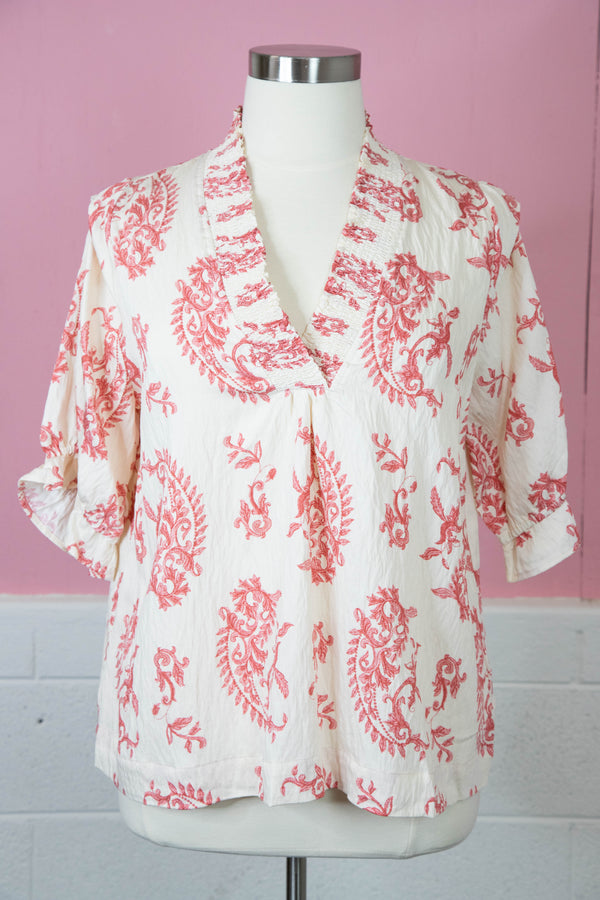 Anise Paisley Print V-Neck Top, Red Mix | Plus Size