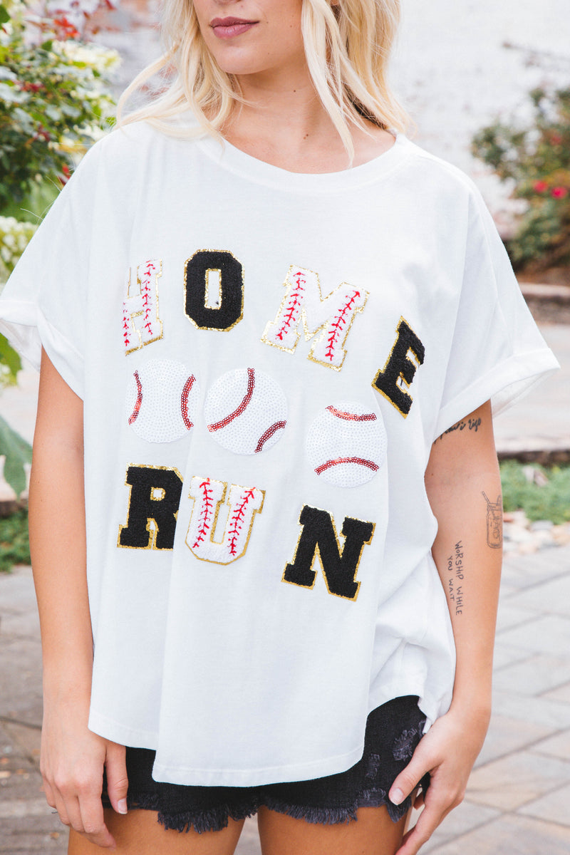 Sequin Homerun Graphic Tee, White/Black