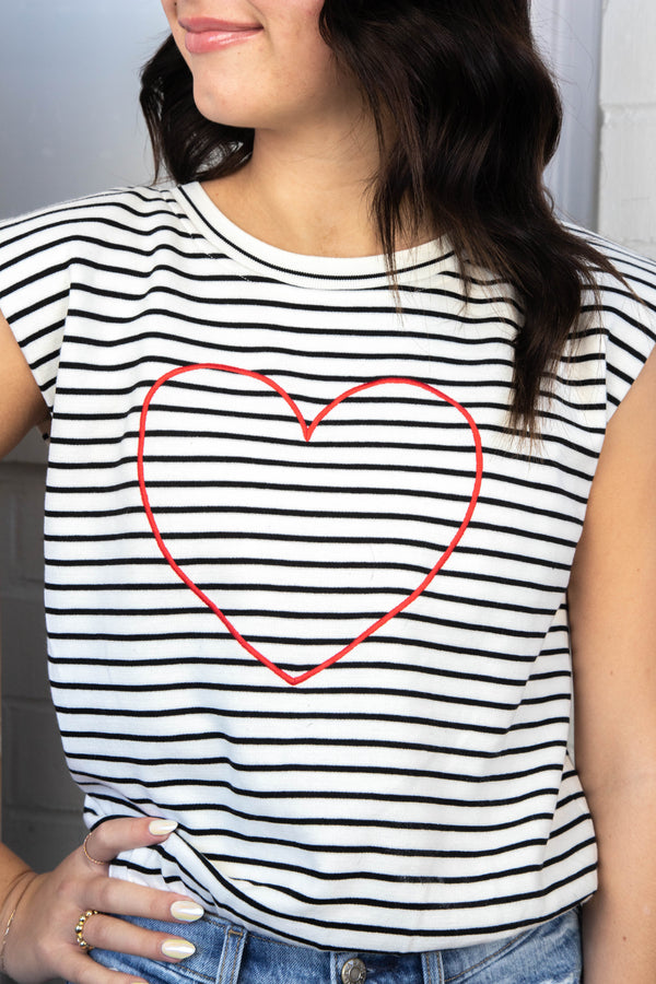 Lyra Heart Embroidered Striped Top, Ivory/Black