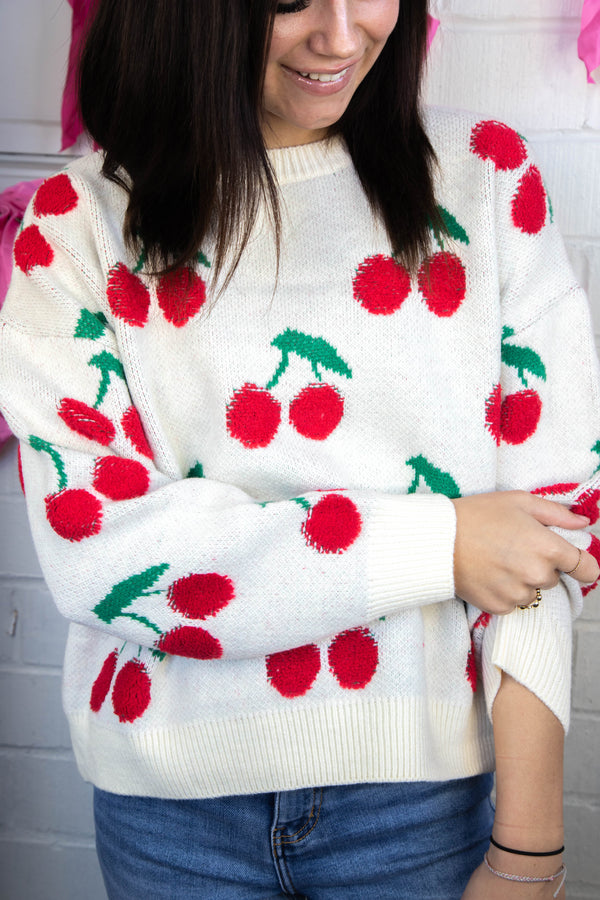 Quinn Cherry Knit Sweater, Ivory