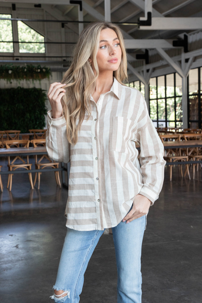 Frances Oversized Striped Shirt, Taupe