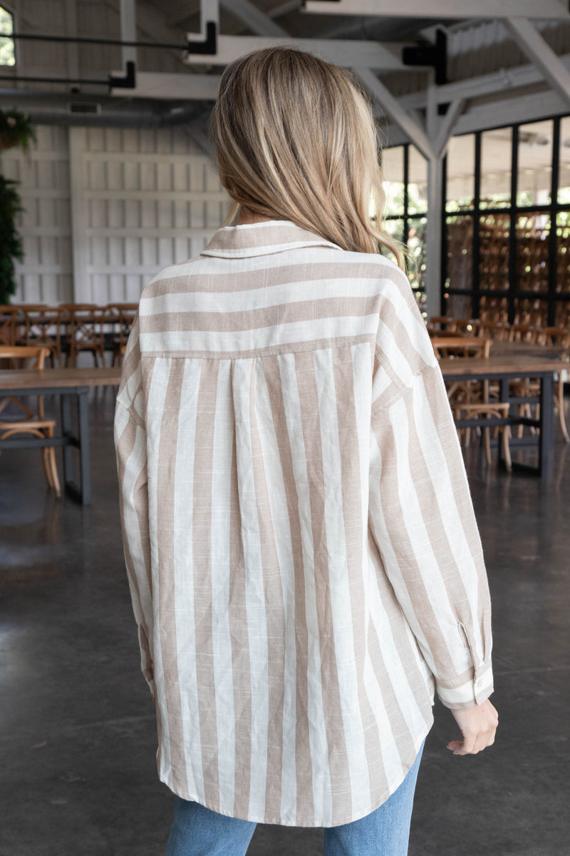 Frances Oversized Striped Shirt, Taupe